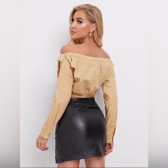 Beige Bardot Twist Front Crop Blouse - Picture 4 of 5